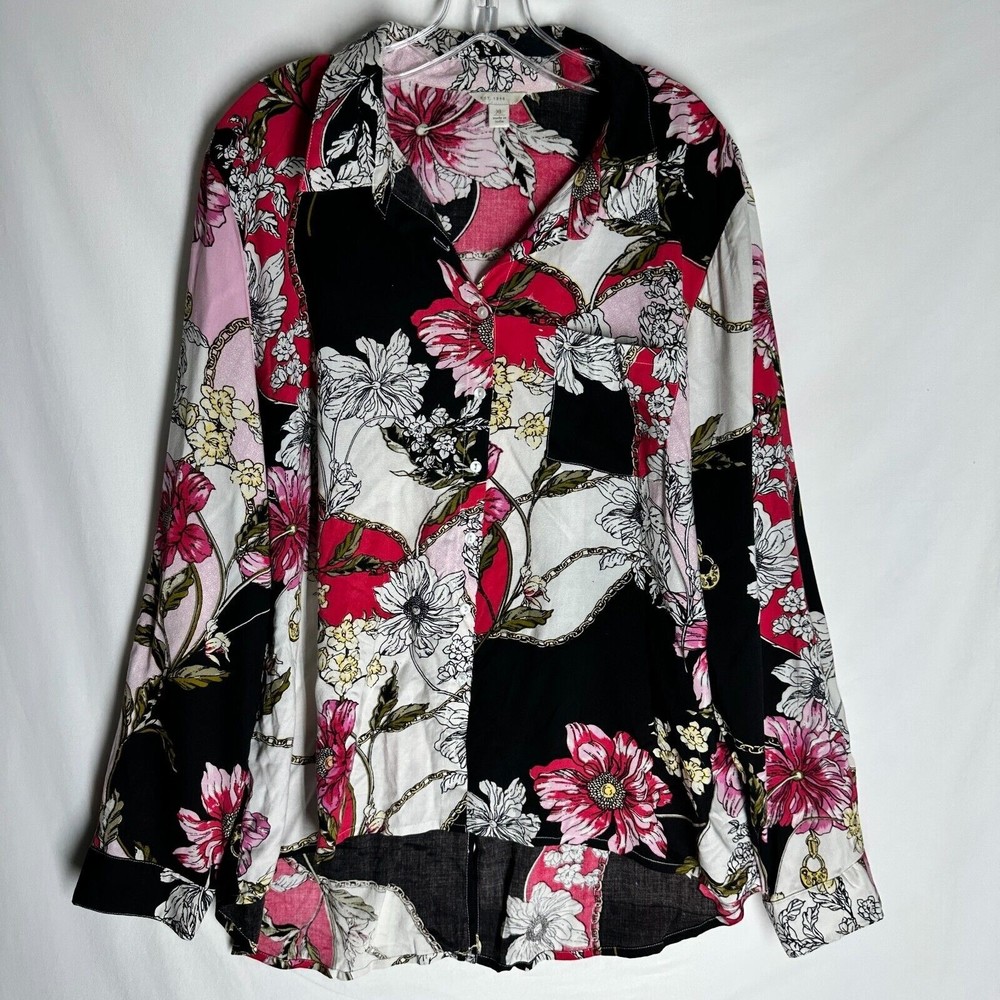 C est 1946 Women's Floral Button Down Top Size XL Long Sleeve Split Tail Shirt